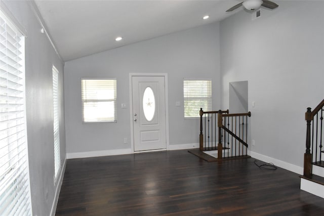 entrance foyer featuring hardwood / wood-style floors, ceiling fan, and a healthy amount of sunlight