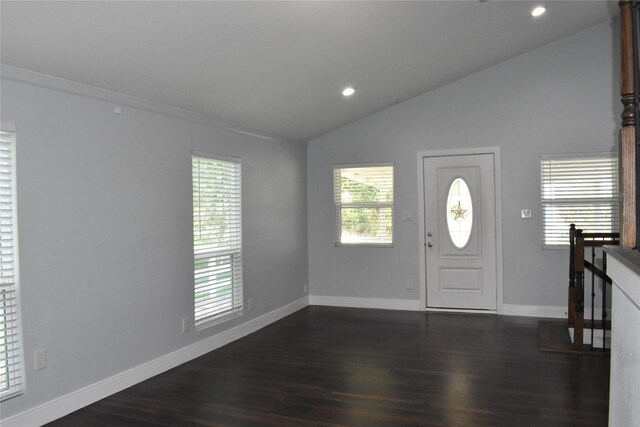 entryway featuring plenty of natural light, vaulted ceiling, and hardwood / wood-style flooring