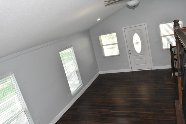 foyer with ceiling fan, lofted ceiling, plenty of natural light, and hardwood / wood-style flooring