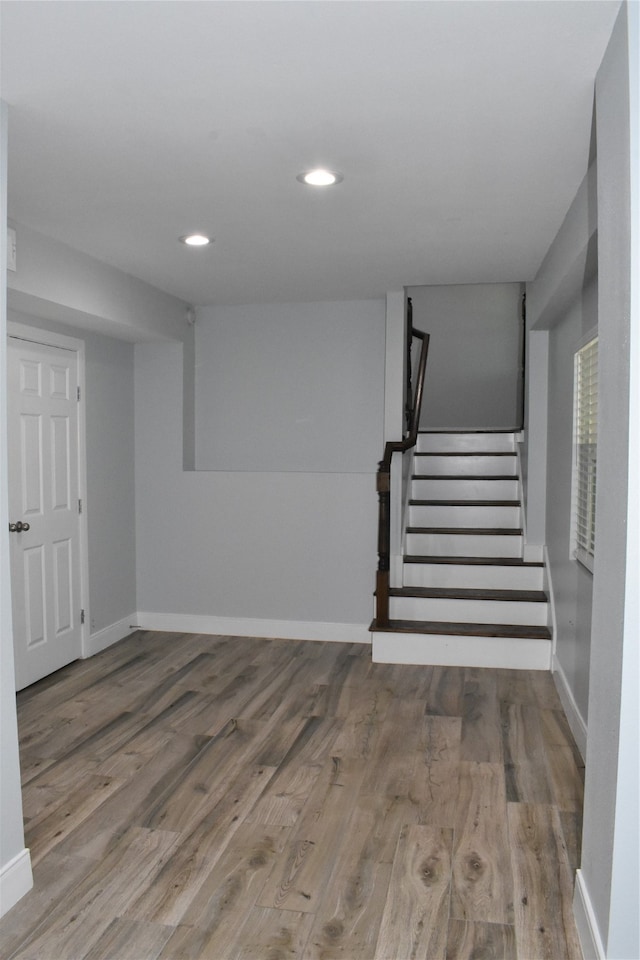 basement with hardwood / wood-style floors