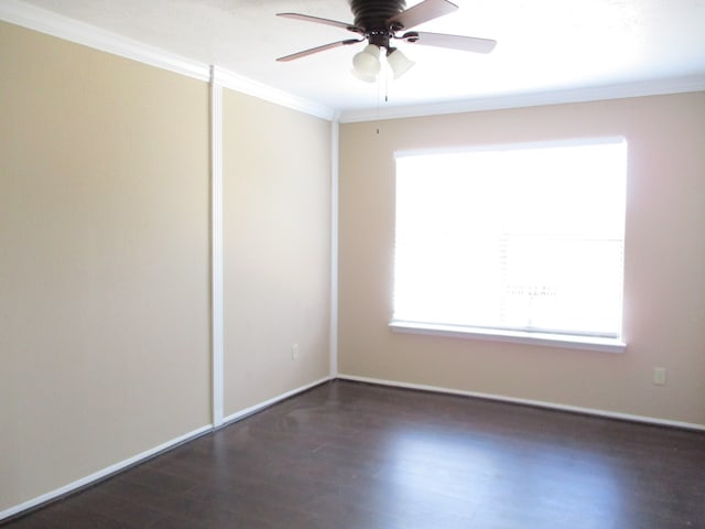 unfurnished room with dark hardwood / wood-style flooring, ceiling fan, and ornamental molding