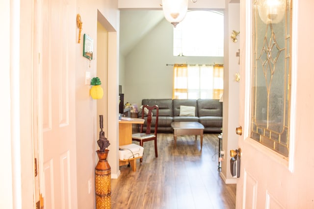 living room featuring hardwood / wood-style floors and high vaulted ceiling