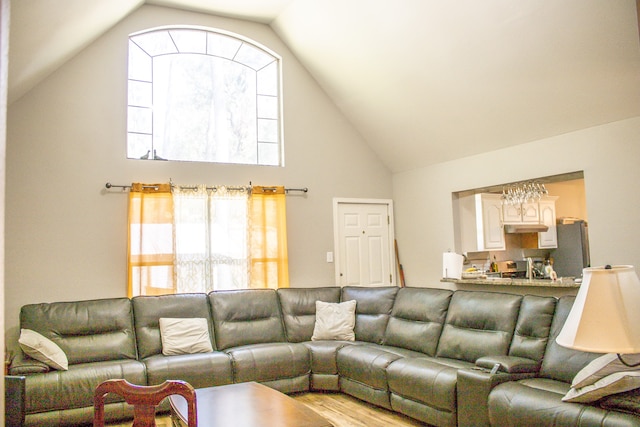 living room with vaulted ceiling, a wealth of natural light, and light hardwood / wood-style floors