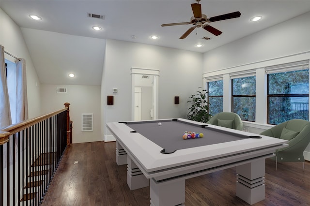 playroom featuring ceiling fan, pool table, and dark hardwood / wood-style flooring