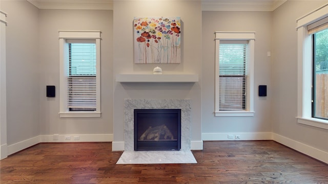 unfurnished living room with ornamental molding, a premium fireplace, and dark hardwood / wood-style floors