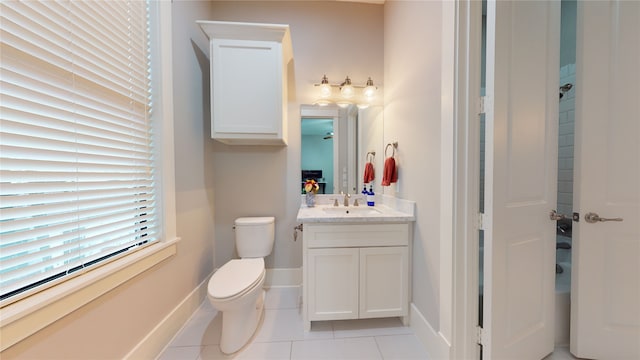 bathroom with toilet, tile patterned floors, and vanity