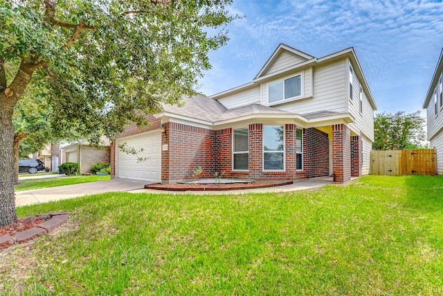 view of front of home with a garage and a front lawn