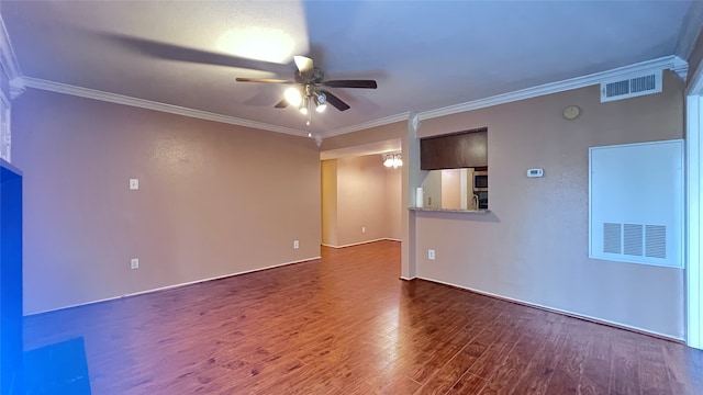 unfurnished room with ceiling fan, dark hardwood / wood-style flooring, and ornamental molding