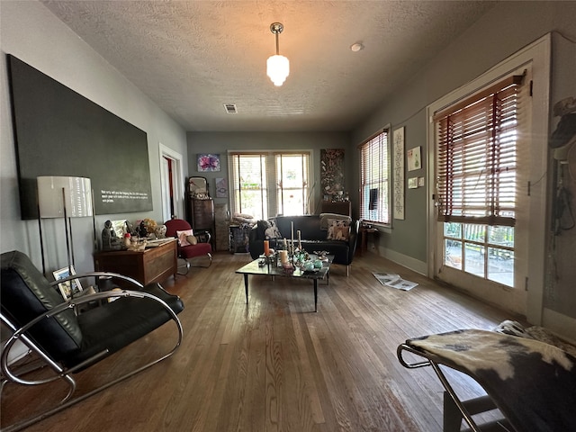 living room with a textured ceiling and hardwood / wood-style floors