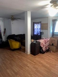 living room featuring ceiling fan and hardwood / wood-style flooring