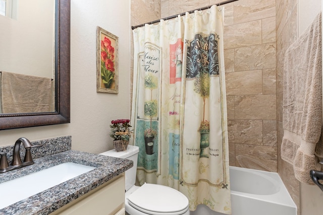 full bathroom featuring shower / bath combination with curtain, vanity, and toilet