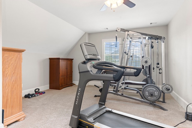 exercise room with light carpet, ceiling fan, and lofted ceiling