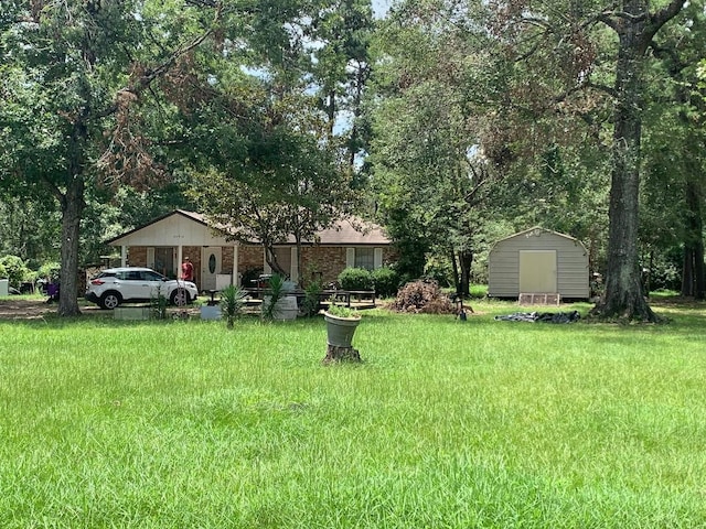 view of yard with a storage shed