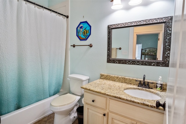 full bathroom with toilet, shower / tub combo with curtain, vanity, and tile patterned flooring