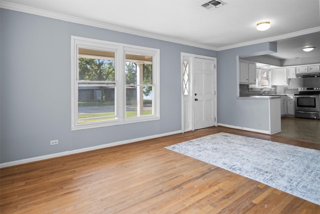 unfurnished living room featuring crown molding, sink, hardwood / wood-style flooring, and a healthy amount of sunlight