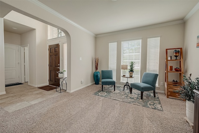 sitting room with light colored carpet and crown molding