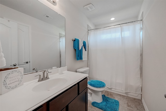 full bathroom with vanity, toilet, and shower / bath combination with curtain