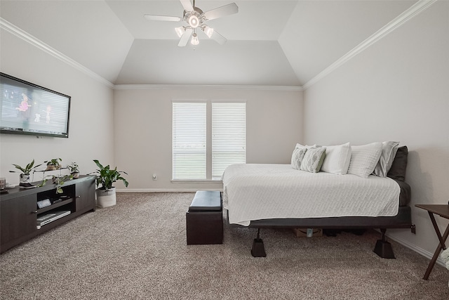 bedroom with carpet flooring, vaulted ceiling, and ceiling fan