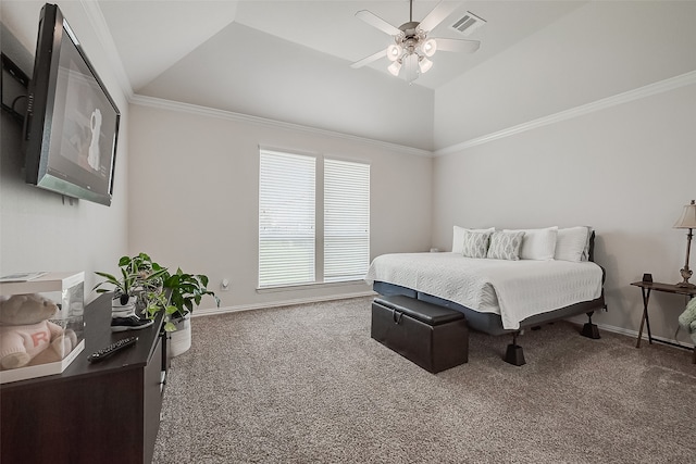 bedroom with lofted ceiling, carpet, ceiling fan, and ornamental molding