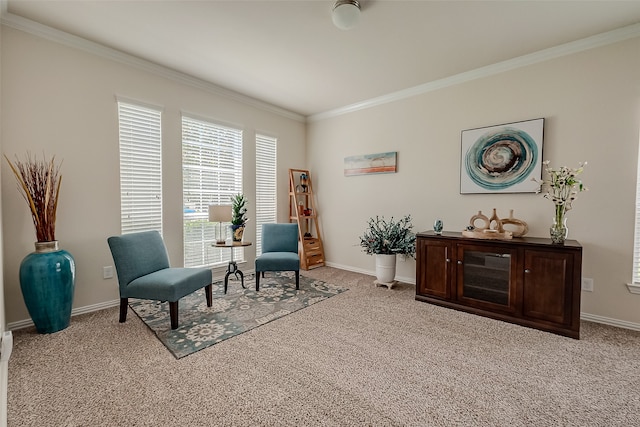 sitting room with light colored carpet and crown molding