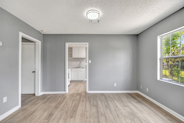 unfurnished room featuring light hardwood / wood-style flooring, a textured ceiling, and sink