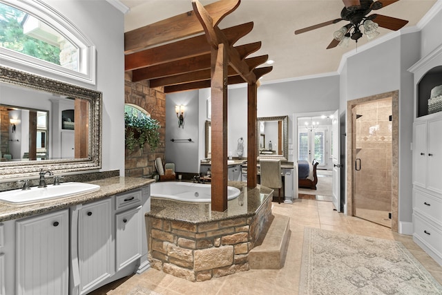 bathroom with tile patterned floors, ceiling fan, vanity, and plus walk in shower