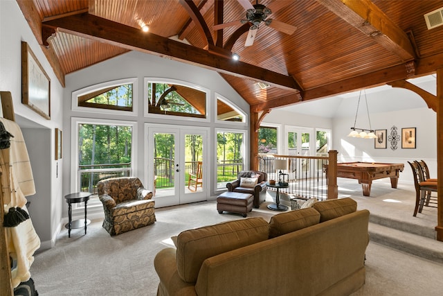 carpeted living room featuring high vaulted ceiling, french doors, pool table, and beamed ceiling