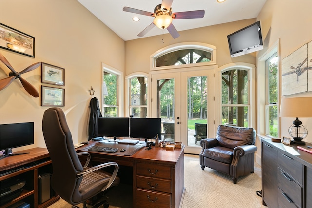 office area with light carpet, french doors, ceiling fan, and a wealth of natural light