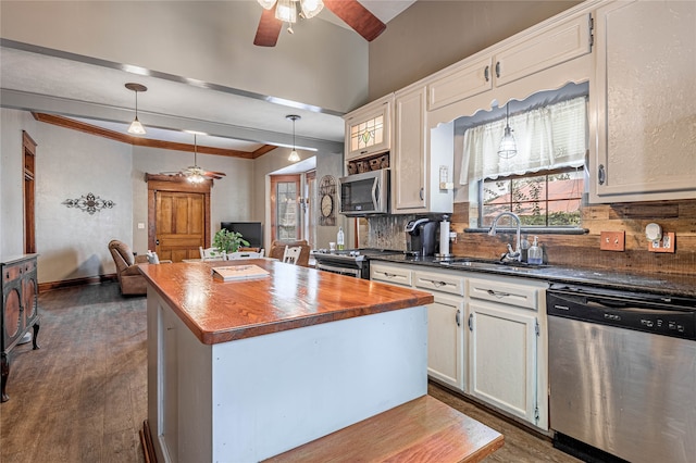 kitchen with tasteful backsplash, dark hardwood / wood-style floors, butcher block countertops, and stainless steel appliances