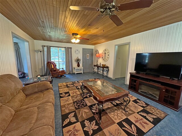 living room with carpet flooring and wooden ceiling