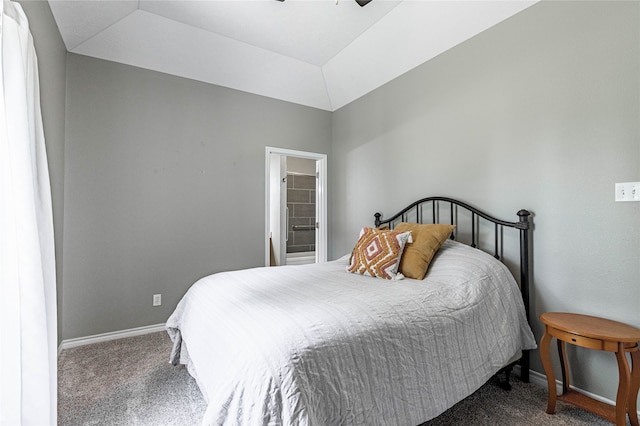 bedroom featuring ceiling fan, lofted ceiling, and carpet floors