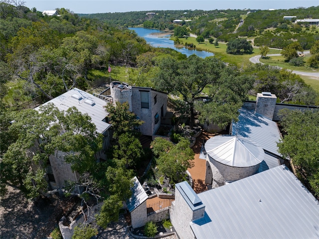 drone / aerial view featuring a water view