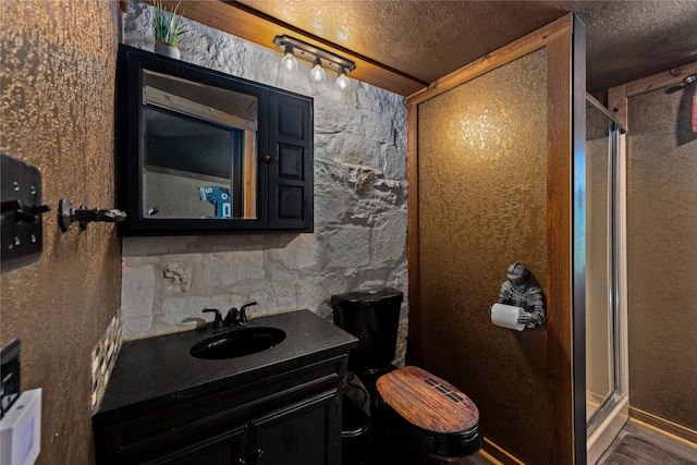 bathroom featuring a shower with door, a textured ceiling, vanity, and toilet