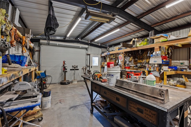 garage with a workshop area