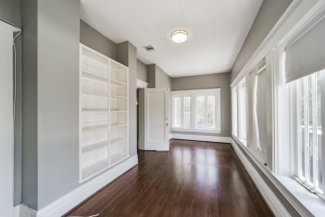 hall featuring plenty of natural light, built in shelves, and dark hardwood / wood-style floors