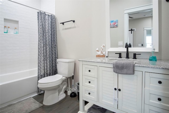 full bathroom with shower / bath combination with curtain, vanity, toilet, and hardwood / wood-style flooring