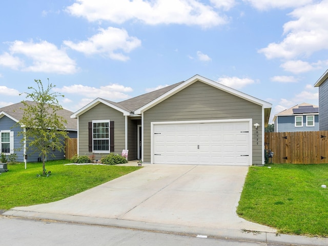 single story home featuring a front yard and a garage