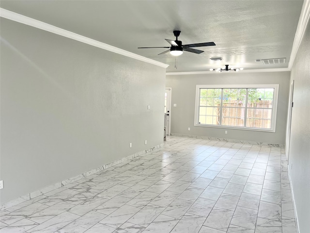 tiled spare room with ceiling fan and ornamental molding