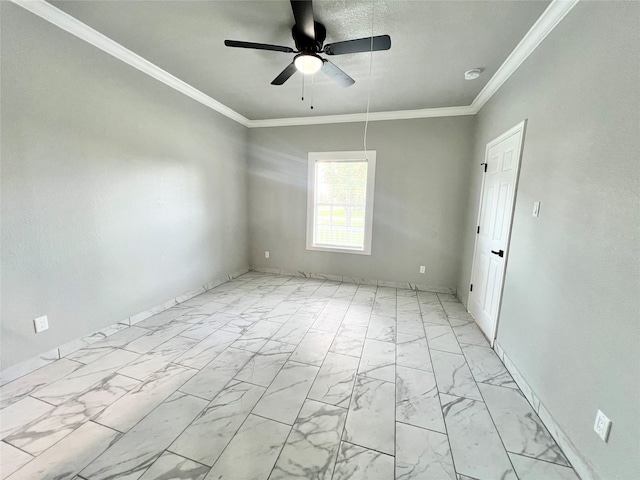 tiled spare room featuring crown molding and ceiling fan