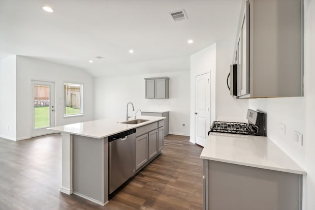 kitchen featuring dark hardwood / wood-style flooring, sink, stainless steel appliances, and an island with sink