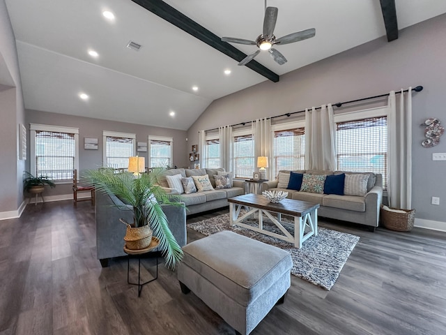 living room featuring baseboards, visible vents, lofted ceiling with beams, recessed lighting, and dark wood-type flooring