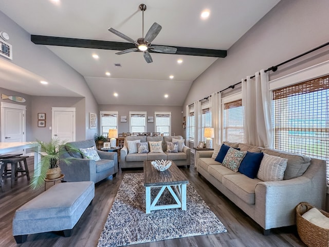 living area featuring visible vents, lofted ceiling with beams, wood finished floors, recessed lighting, and ceiling fan