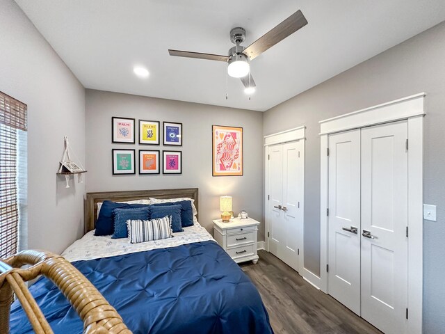 bedroom featuring dark hardwood / wood-style flooring, two closets, and ceiling fan