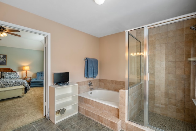 bathroom featuring tile patterned floors, ceiling fan, and separate shower and tub