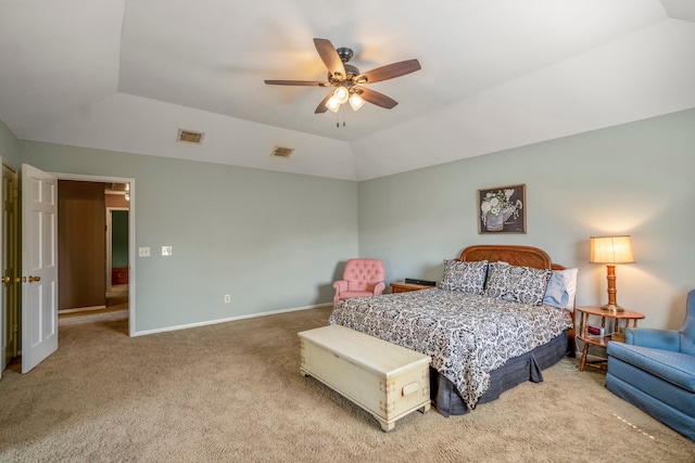 carpeted bedroom featuring ceiling fan and lofted ceiling