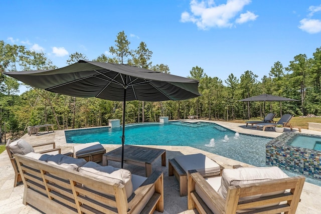 view of swimming pool featuring an outdoor hangout area, pool water feature, and a patio area