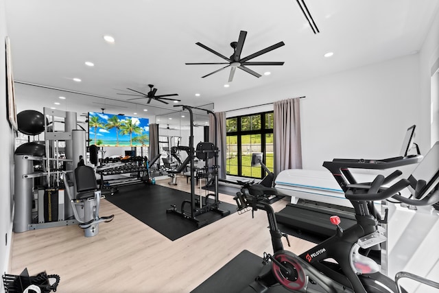 workout area featuring ceiling fan and wood-type flooring