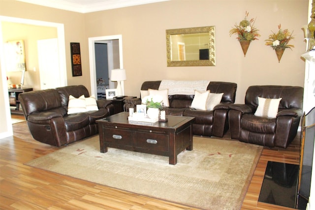 living room with wood-type flooring and ornamental molding