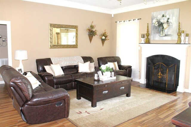 living room featuring light hardwood / wood-style floors and crown molding