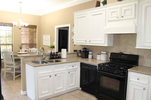 kitchen featuring custom exhaust hood, black appliances, sink, a notable chandelier, and kitchen peninsula